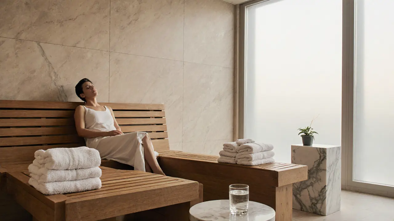 A guest relaxing in a steam room at a luxury Dubai spa with a glass of infused water.