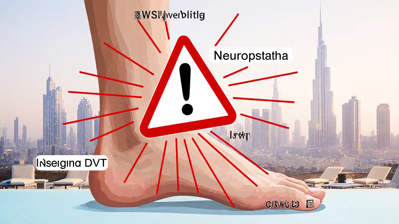 A human foot with red warning signs over medical contraindications like DVT and neuropathy, set against Dubai's cityscape.