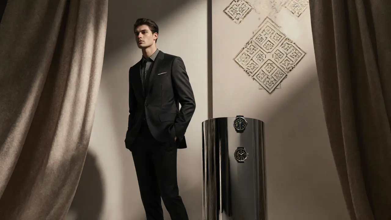 A male model poses in a luxury watch ad shoot with soft lighting and geometric wall patterns.