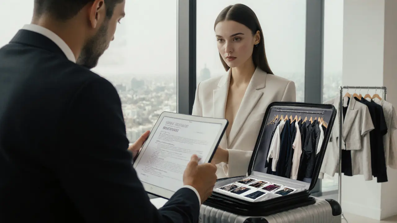 A model reviewing her work permit and contract in a sleek Dubai agency office.