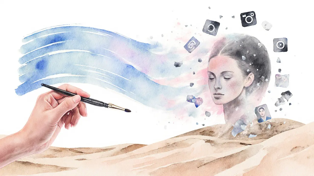 A paintbrush strokes transforming from runway lights into desert sand and a woman&#039;s face, symbolizing rebirth.