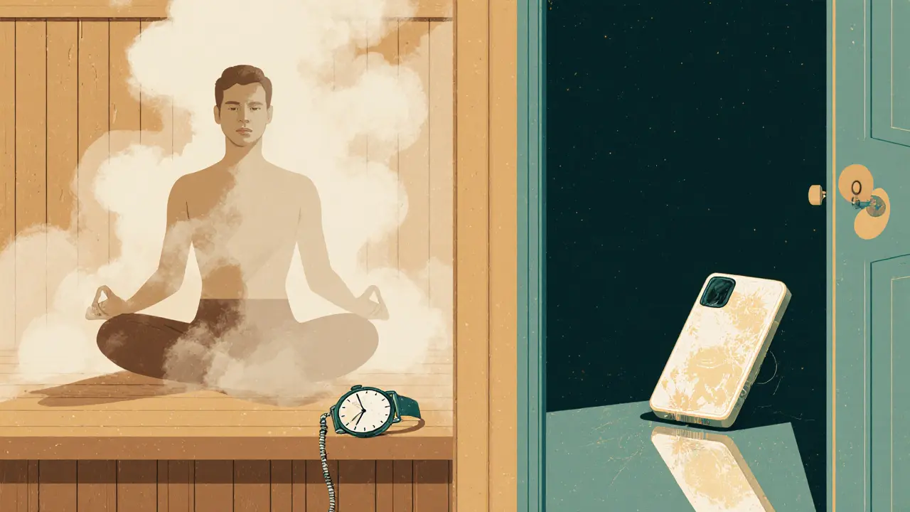 A peaceful steam room scene with a person relaxing and a watch on the bench, while a damaged phone lies discarded outside.