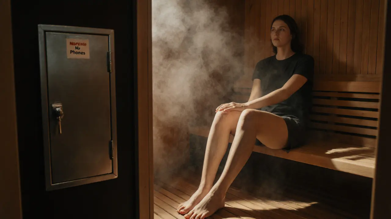 A person relaxing in a sauna with their phone safely stored in a locker outside.