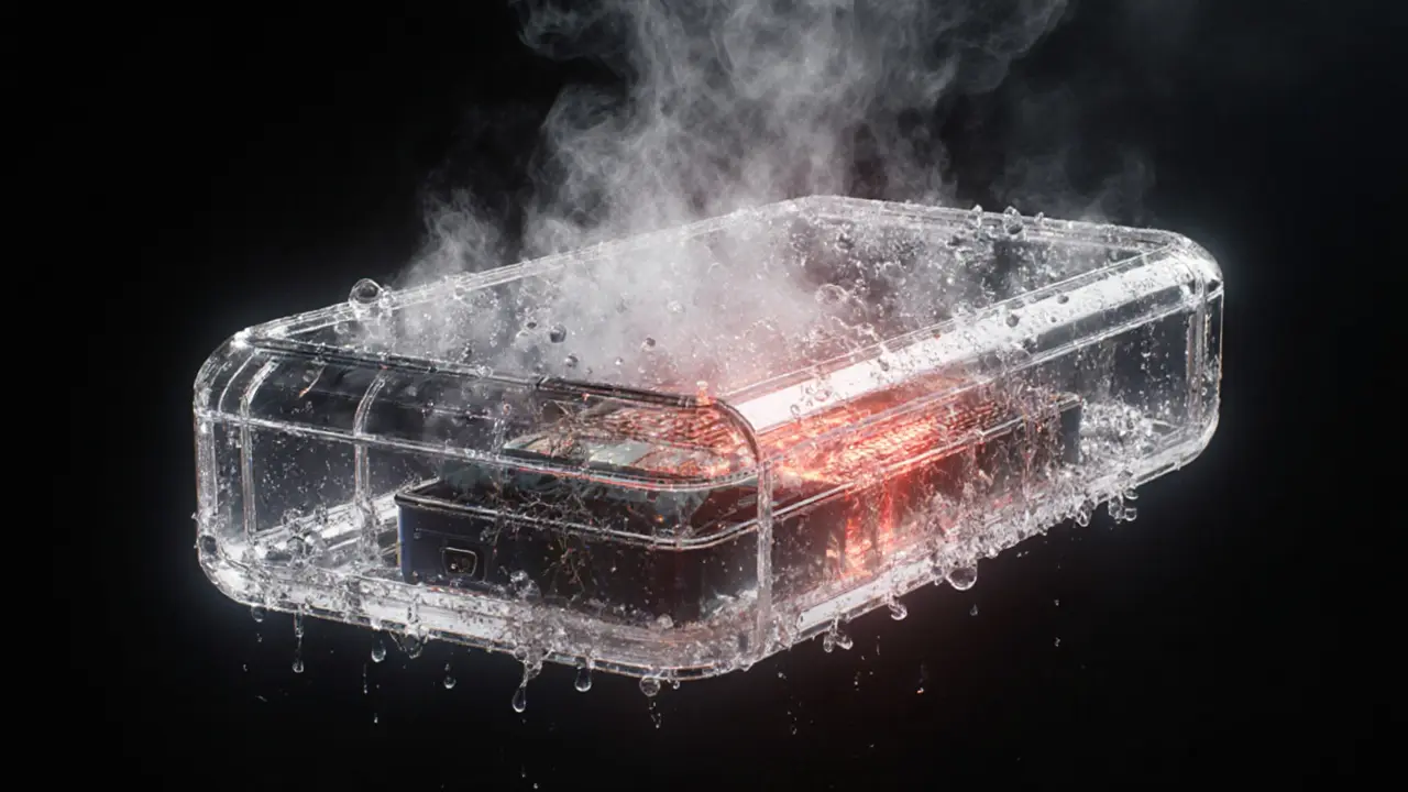A phone inside a steam chamber showing condensation and internal damage from heat and moisture.