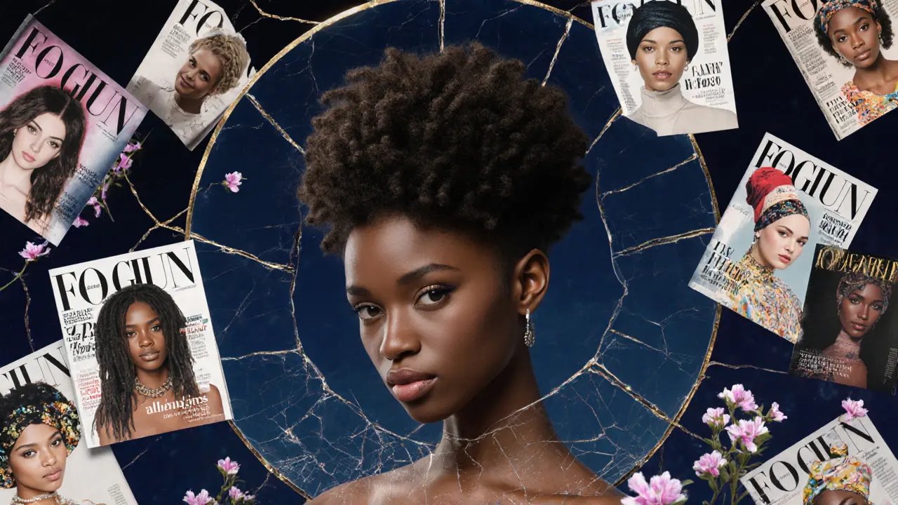 A single natural curl rises from a cracked mirror, symbolizing the rebirth of beauty beyond Eurocentric standards.