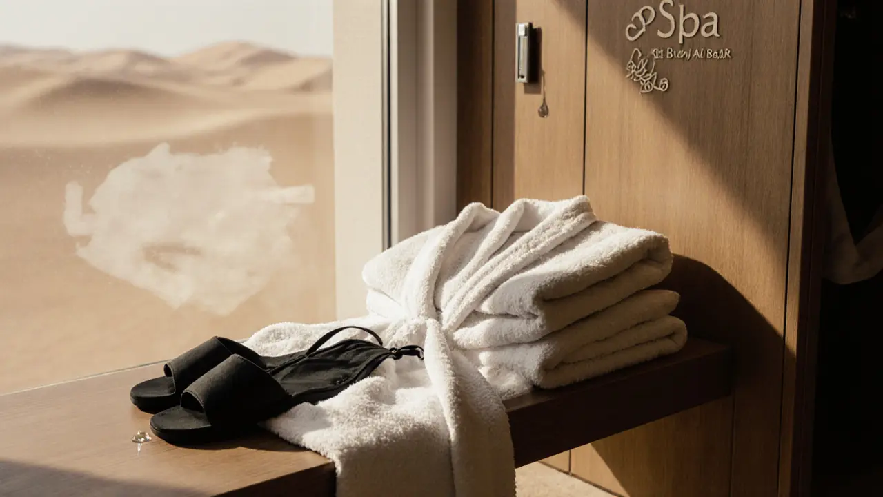 A spa robe, slippers, and swimsuit laid out neatly beside a locker with a luxury resort emblem.