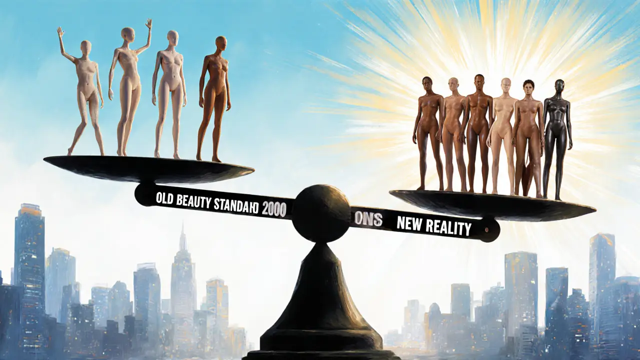 A symbolic scale tipping from outdated beauty standards to a diverse group of 200-pound models in radiant light.