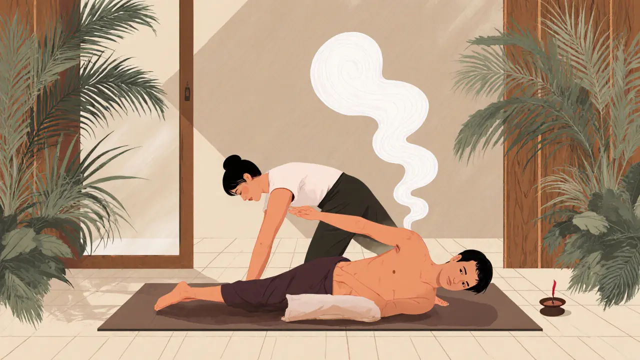 A Thai massage therapist gently stretching a client in a private jungle-themed villa spa.