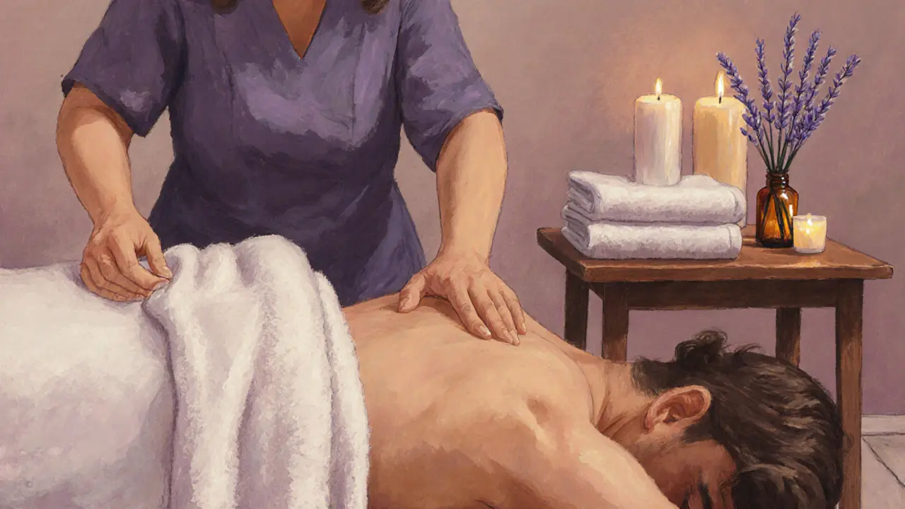 A therapist draping a warm towel over a client during a massage in a softly lit treatment room.