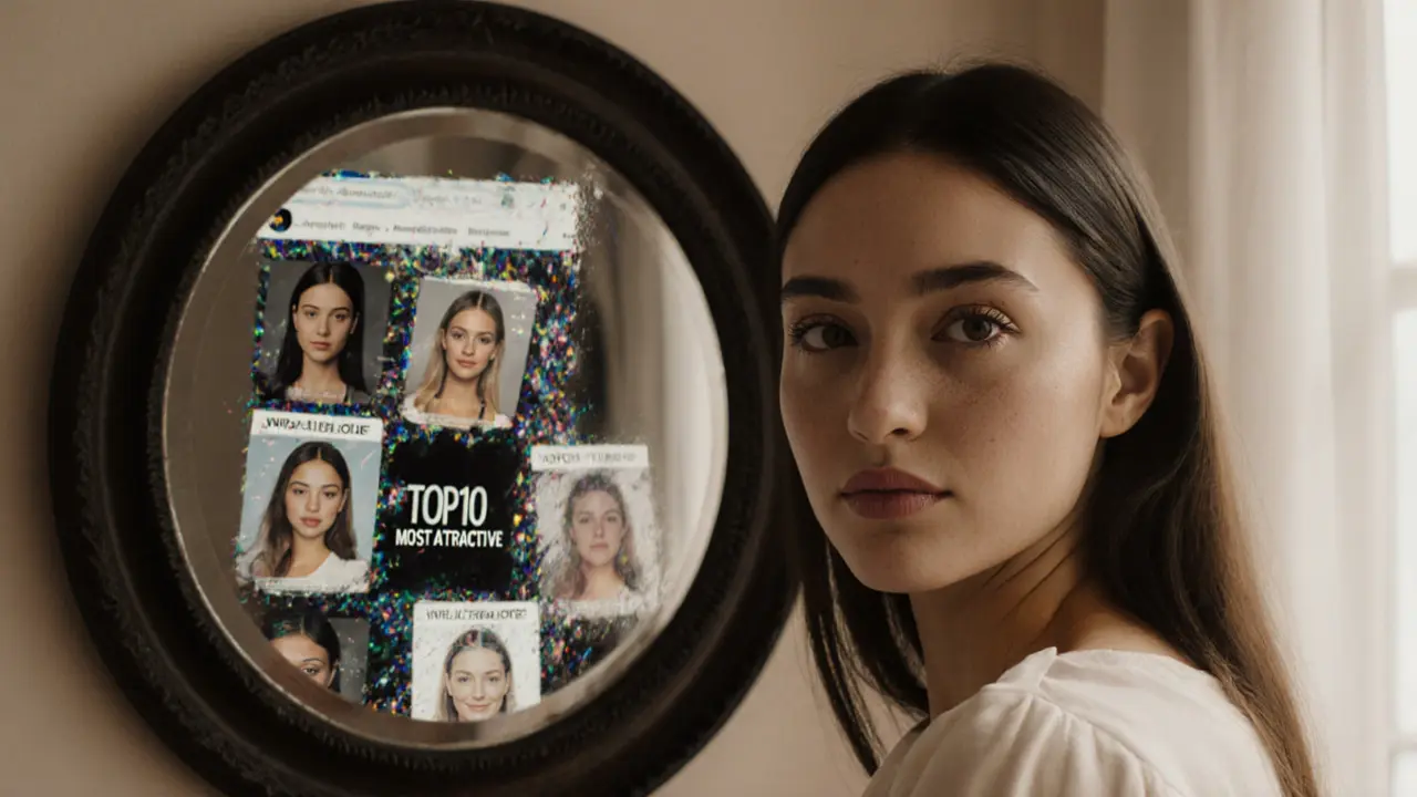 A woman&#039;s real face reflected in a mirror, contrasting with a flood of filtered social media images.