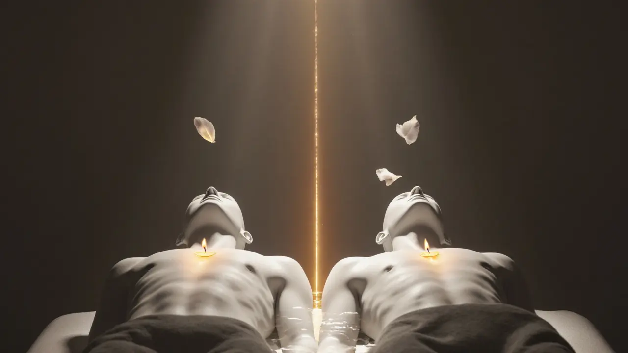 Abstract representation of emotional connection during a massage, with warm energy linking two relaxed figures.