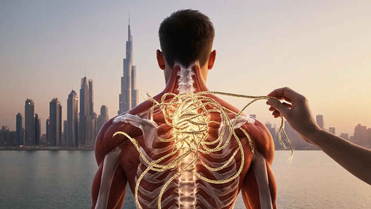 Abstract visualization of muscle tension being released by golden light, with Dubai skyline in background.