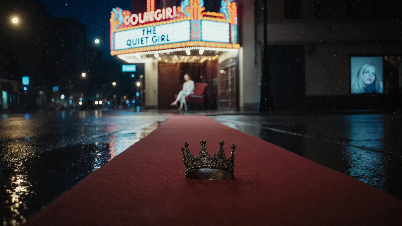 An abandoned crown on a rainy red carpet, with a quiet theater glowing softly in the distance.