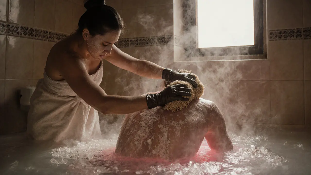 An attendant scrubbing a person&#039;s back with a rough loofah as dead skin flakes float in the water.