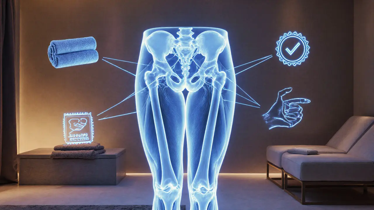 Anatomical illustration showing inner thigh muscles linked to hip and knee pain relief.