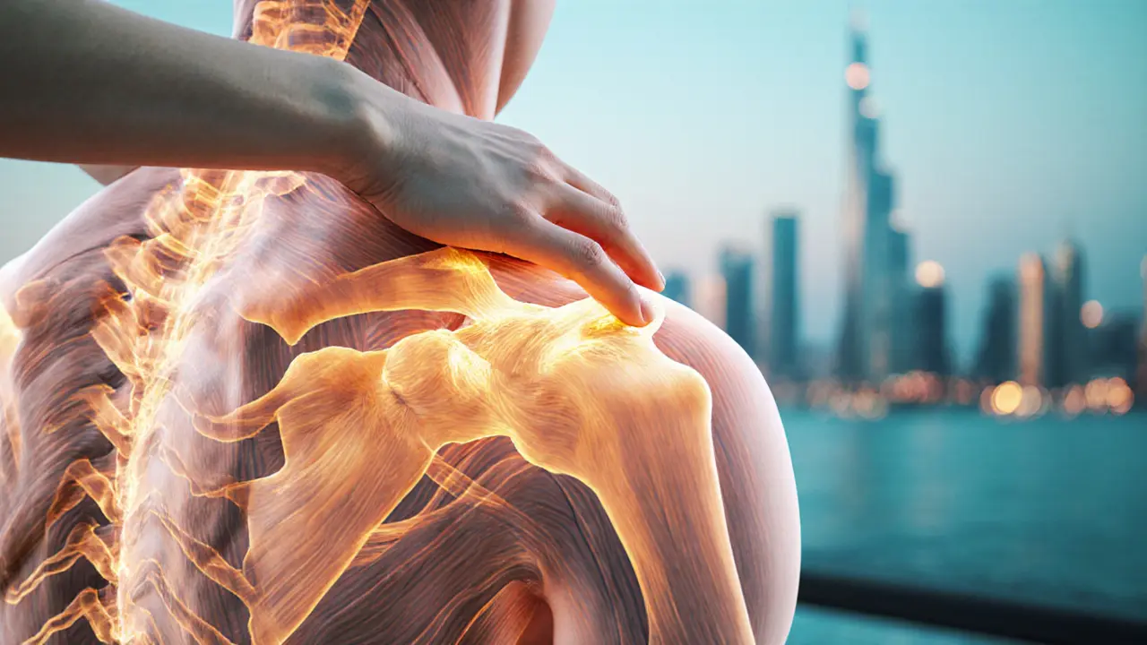 Anatomical illustration showing muscle knots being released by therapeutic hand pressure.