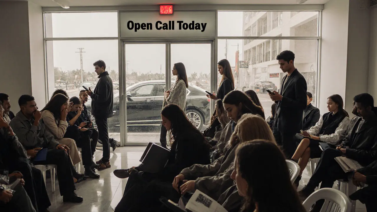 Aspiring models wait nervously in a crowded Dubai agency lobby, holding portfolios, under fluorescent lights, as a luxury car passes outside the window.