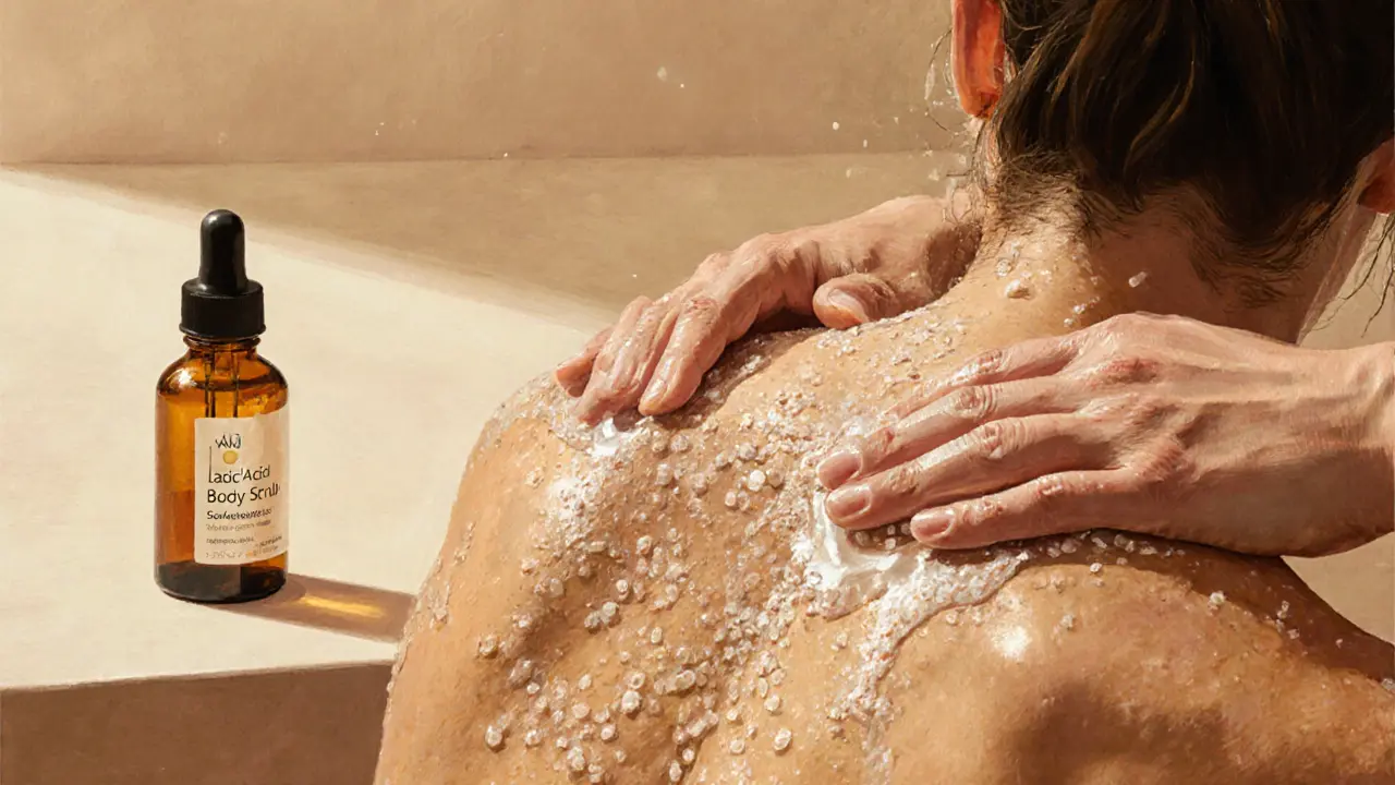 Body scrub being gently rubbed on damp skin with exfoliating grains visible