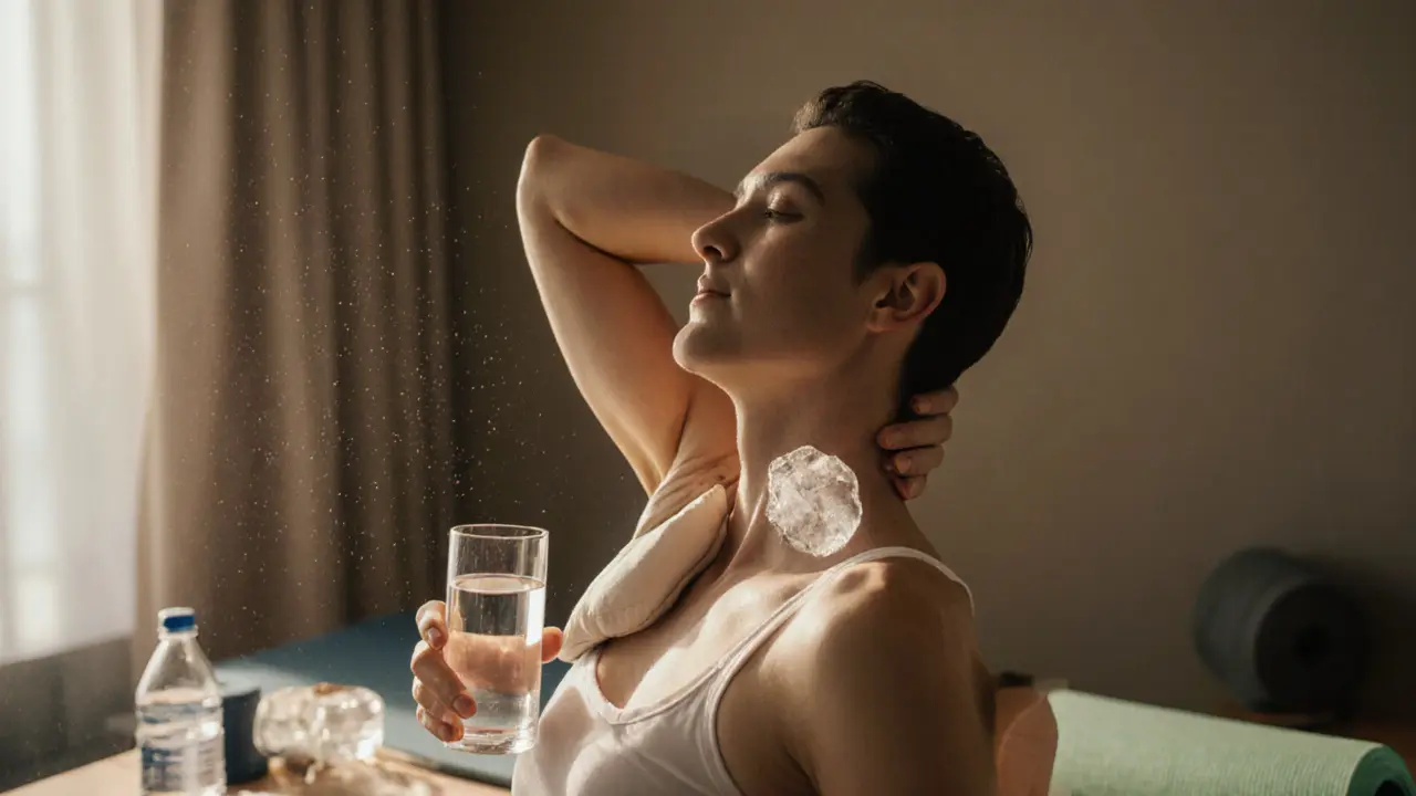 Client relaxing after a deep tissue massage, drinking water and stretching gently.