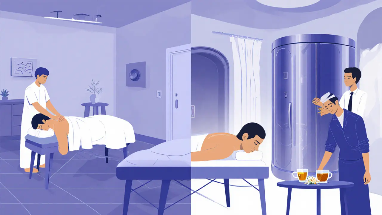 Contrasting budget and luxury massage settings side by side, showing differences in ambiance and amenities.