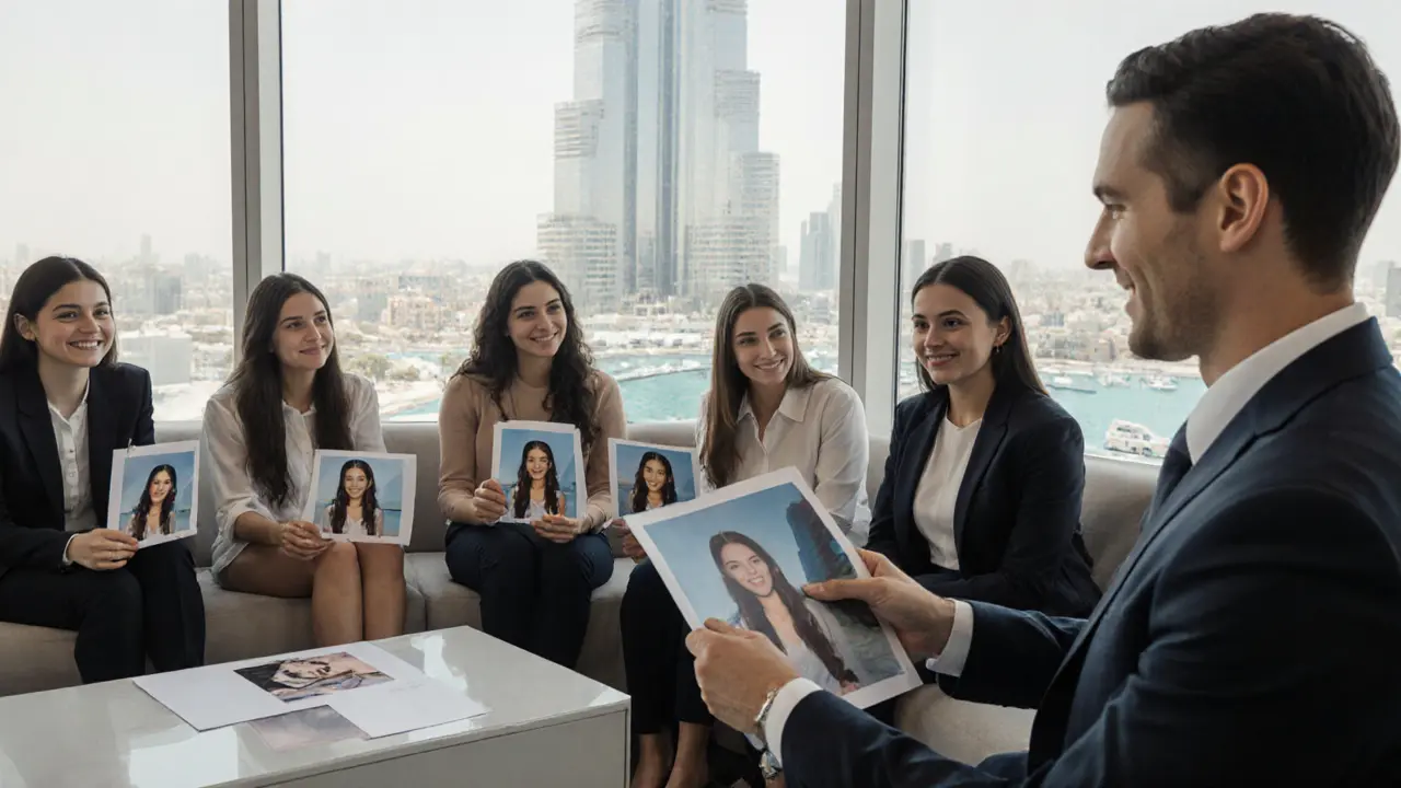 Diverse aspiring models in a Dubai agency office, reviewing portfolios while an agent looks at a photo of Burj Khalifa reflection.