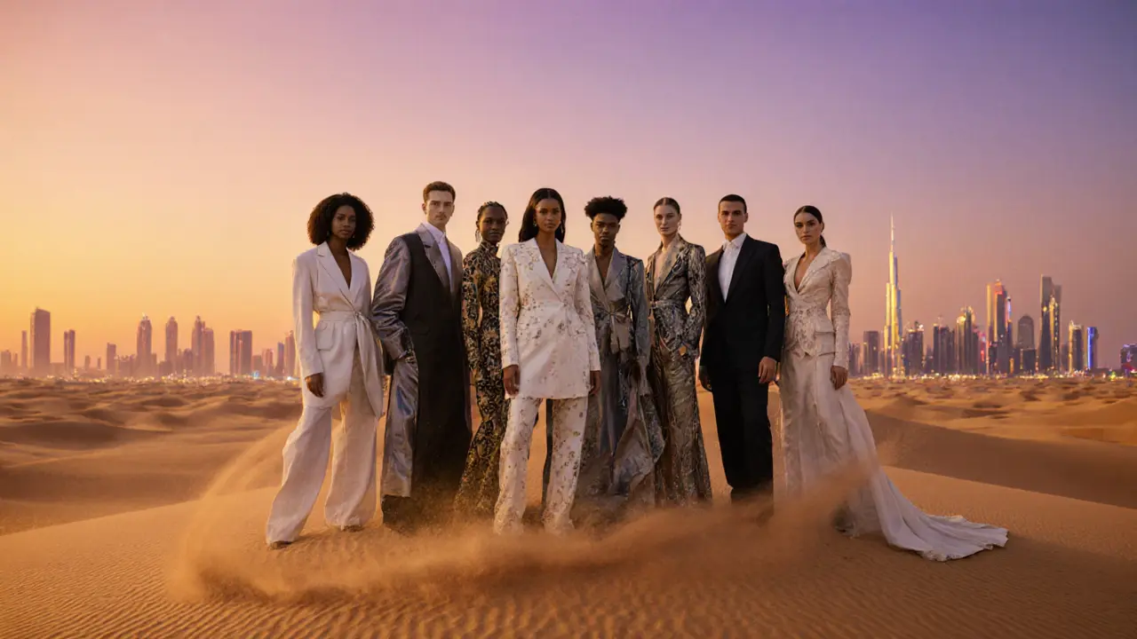 Diverse models stand together on desert dunes at sunset, Dubai&#039;s skyline glowing in the distance.