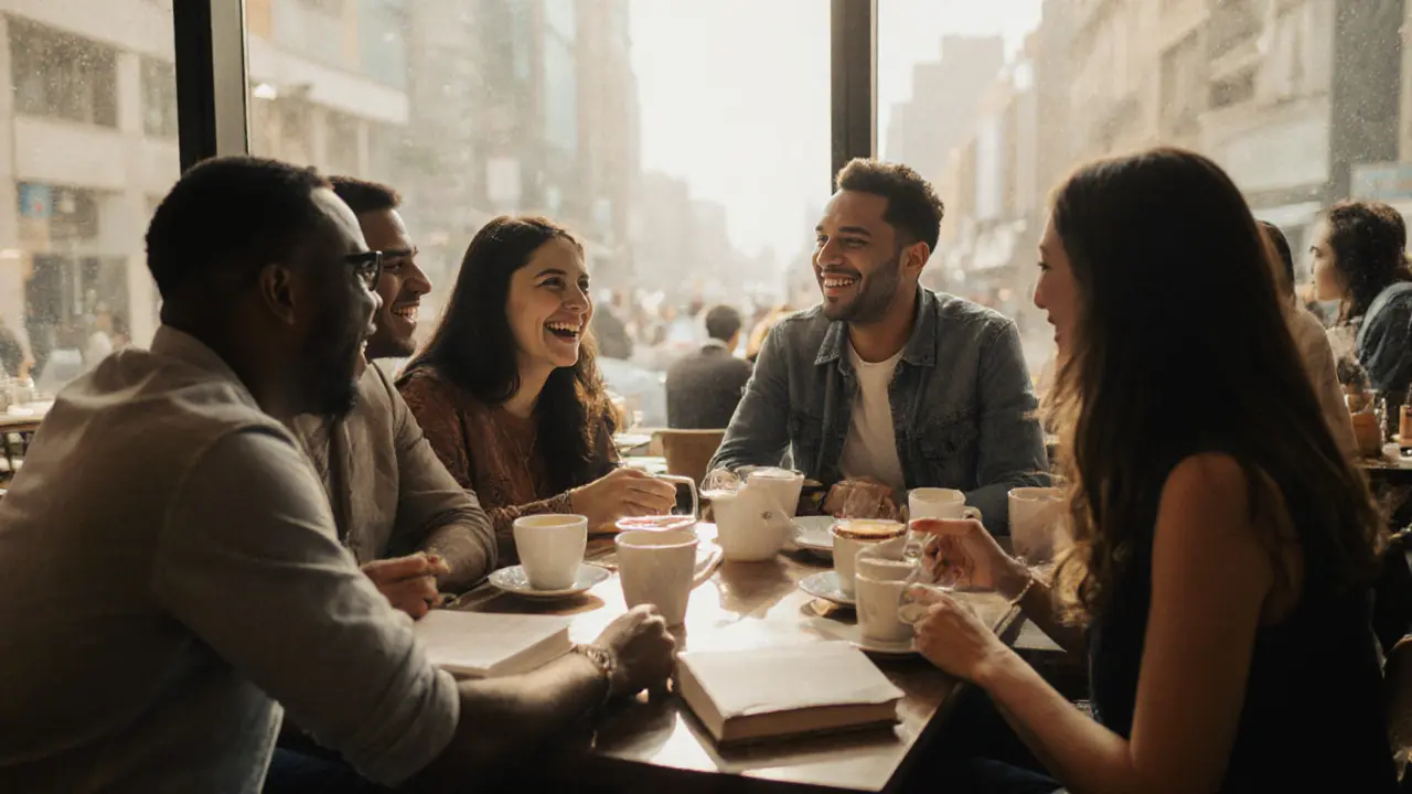 Expats socializing at a Dubai café during a daytime book club event.