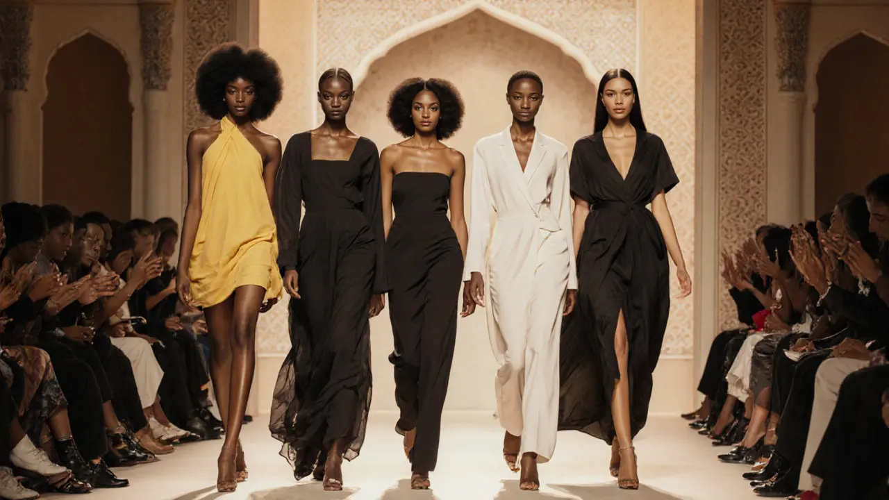 Five Black models walk together on a Dubai runway, their natural features celebrated under warm sunlight amid cheering crowds.