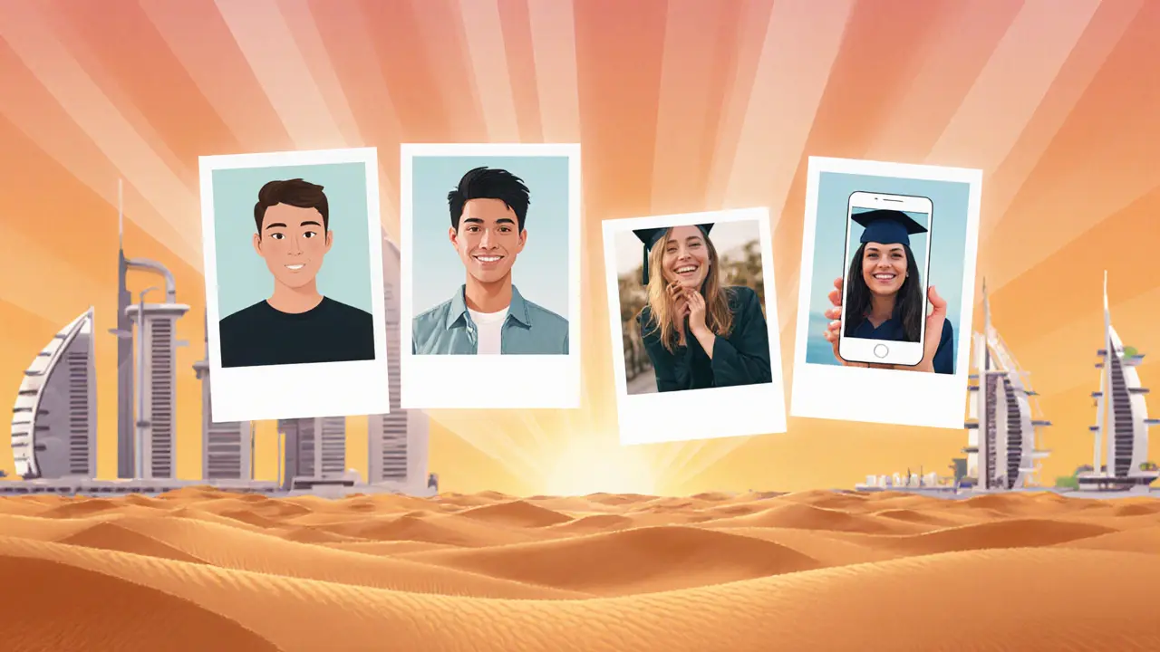 Four authentic model photos floating in desert light, with Dubai skyline behind, symbolizing real beauty over perfection.