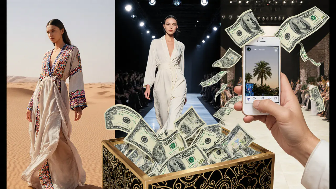 Gigi Hadid in three fashion contexts: desert, runway, and social media, framed within a jewelry box.