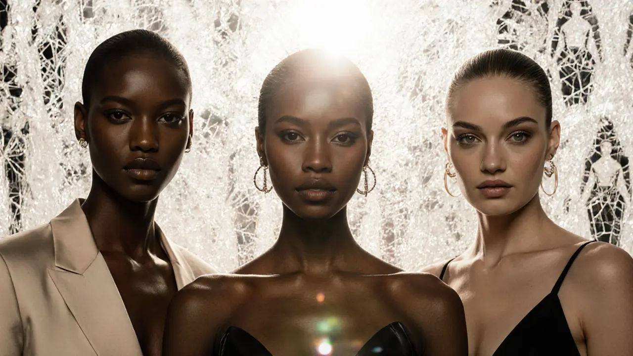 Iman, Tyra Banks, and Winnie Harlow standing strong as shattered beauty norms dissolve behind them in sunlight.