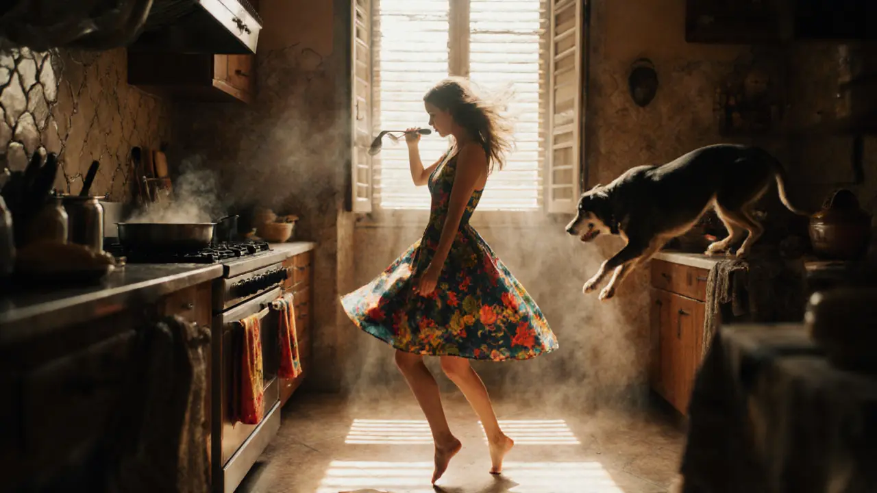 Isabella Rossi dancing in a designer dress in a messy Milan kitchen with her dog nearby.