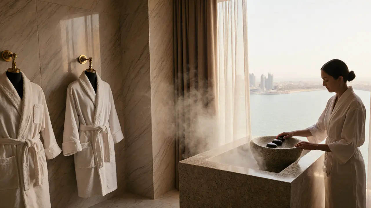 Luxury spa room with hot stones, steam, and panoramic Gulf view, therapist preparing treatment in elegant setting.