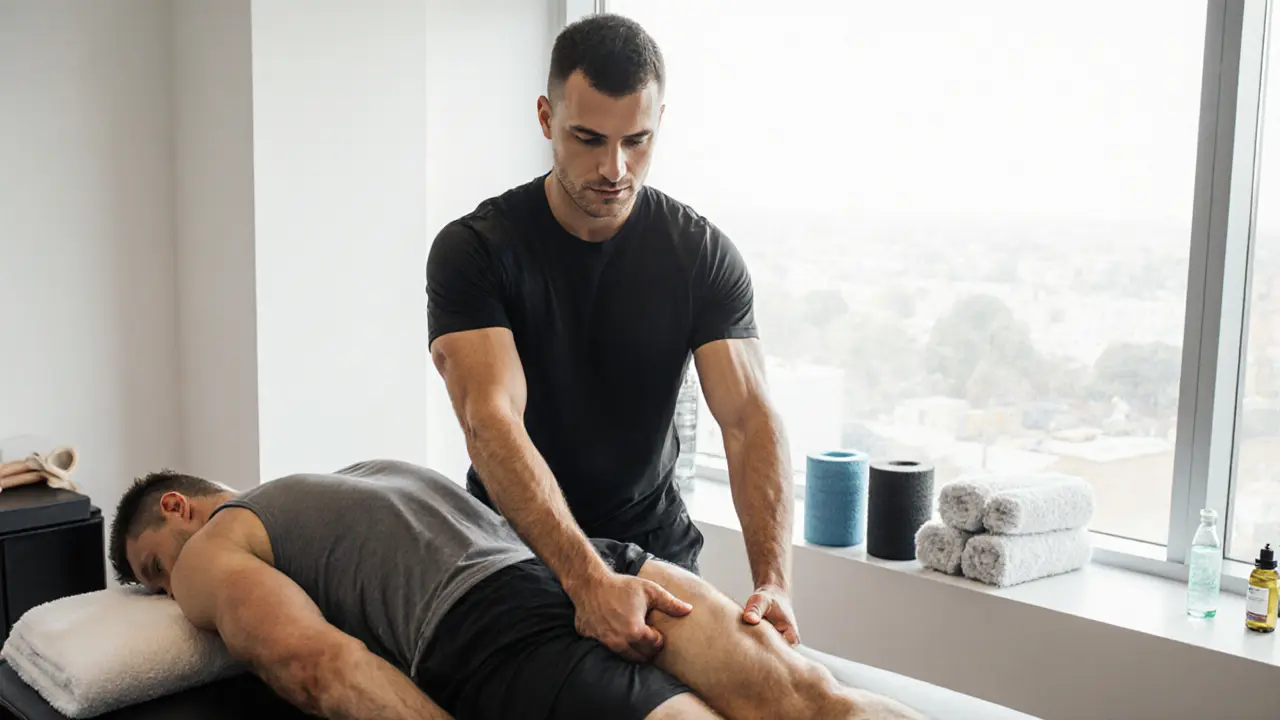 Male therapist performing sports massage on athlete&#039;s leg in a clean clinic with natural light and minimal decor.