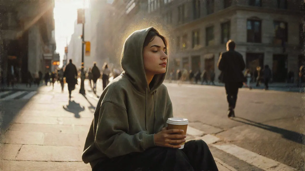 Michelle Williams sitting on a New York curb, eyes closed, hoodie, quiet moment of vulnerability.