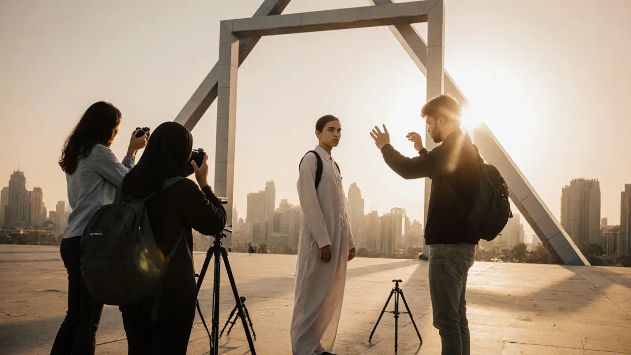 Photography students taking photos of a beginner model near the Dubai Frame during golden hour.