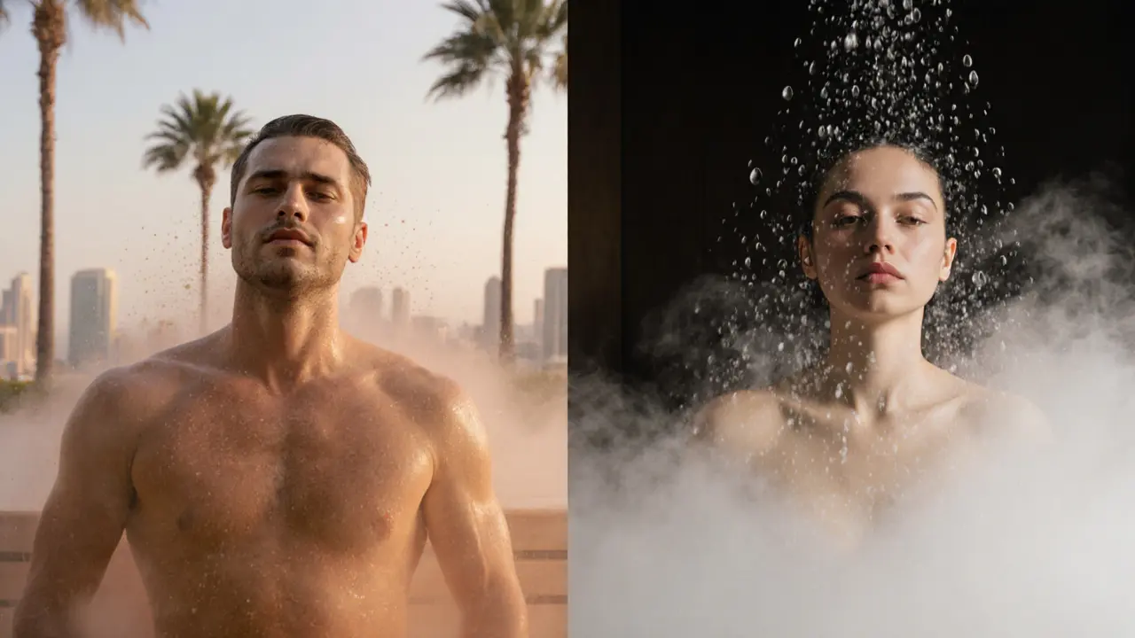 Side-by-side figures in sauna and steam room, symbolizing different heat therapy experiences.