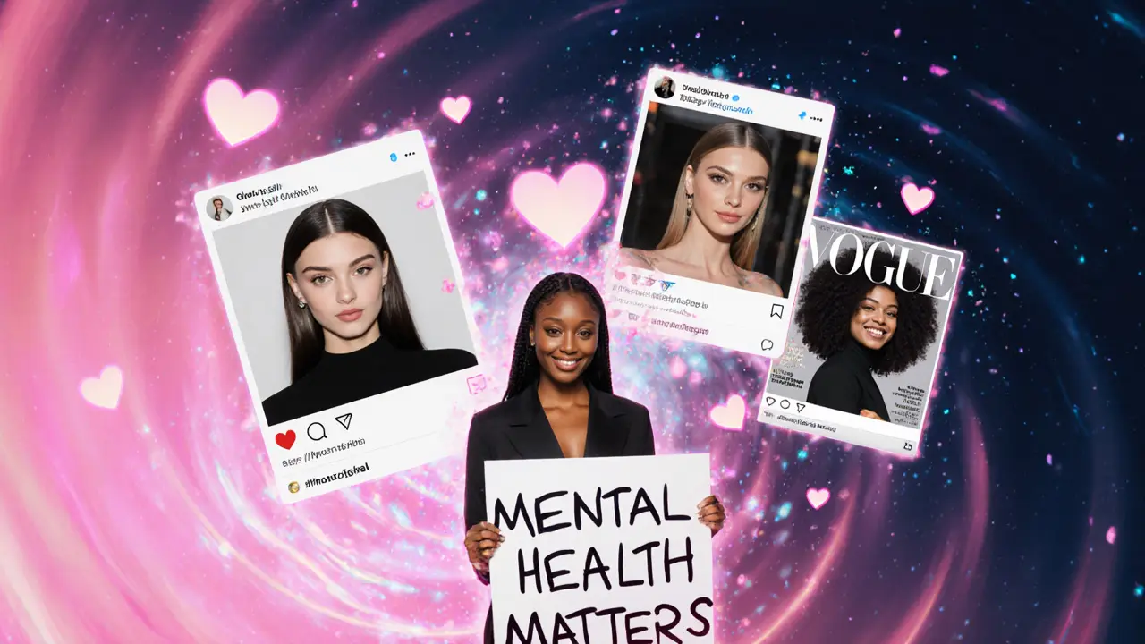 Social media icons of Gigi Hadid, Bella Hadid, and Irina Shayk swirling around Adwoa Aboah and Ashley Graham in a digital vortex.