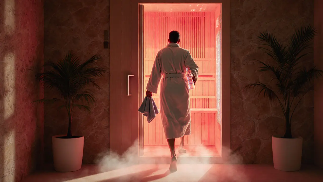 Someone stepping out of an infrared sauna holding a towel and water in a modern spa.
