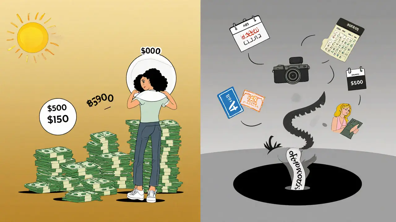 Split illustration showing income from modeling gigs on one side and expenses like agency fees and portfolio costs draining the earnings on the other.