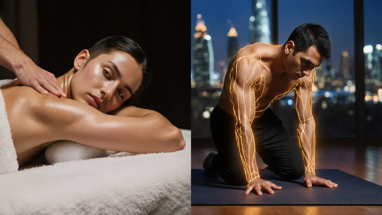 Split image comparing Swedish massage on a table with Thai massage on a floor mat, highlighting clothing and technique differences.