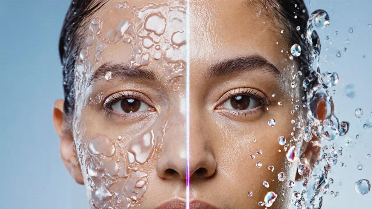 Split image showing effective lactic acid absorption on dry skin vs. diluted effect on wet skin