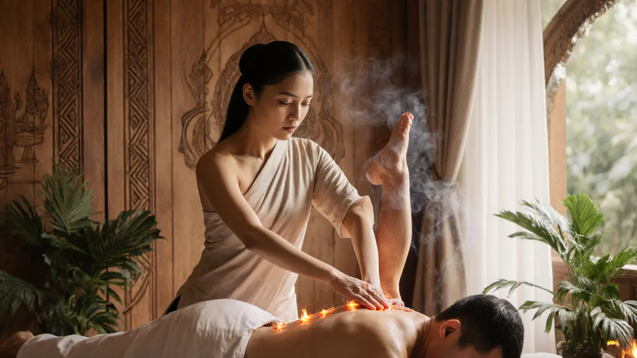 Thai-style body-to-body massage with therapist in motion, herbal oils, and traditional decor under soft morning light.