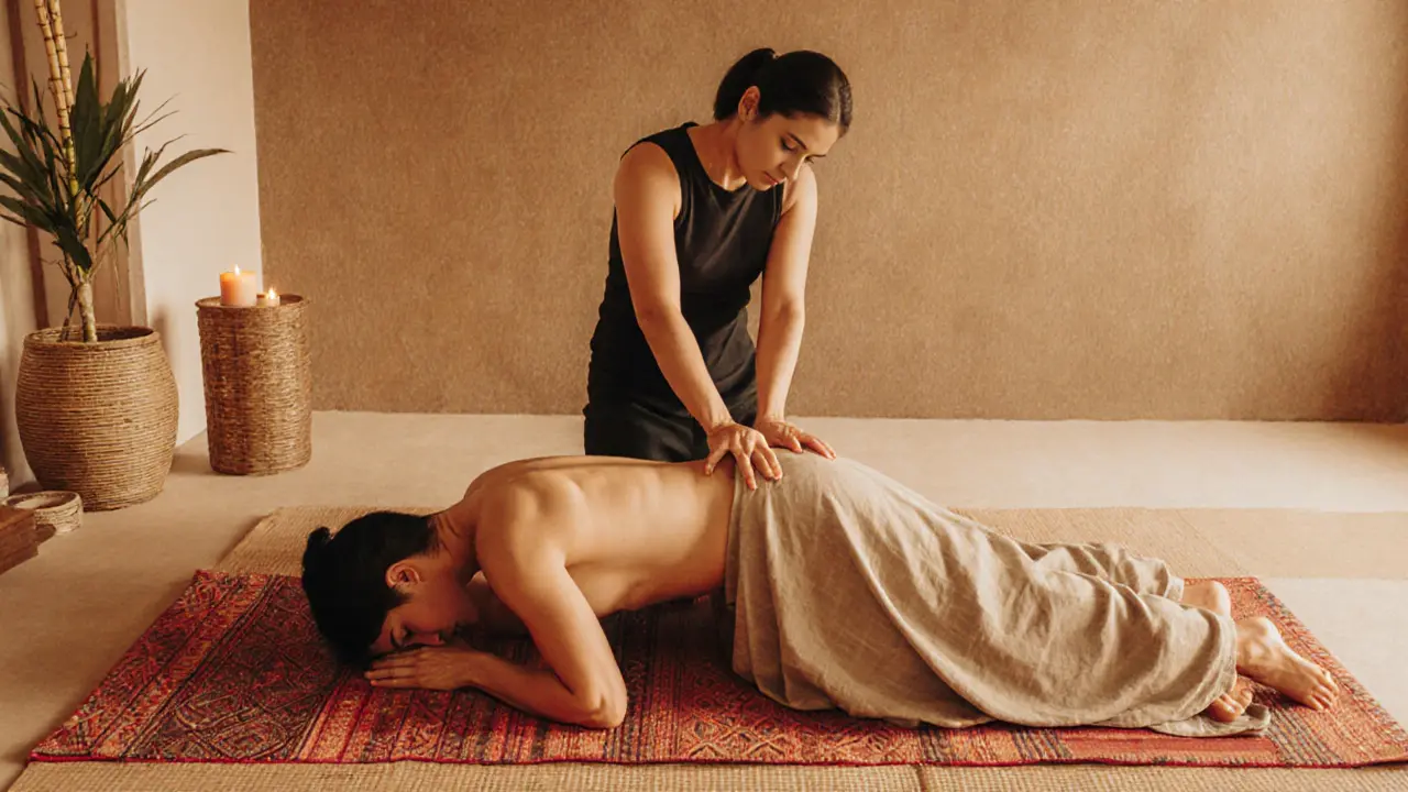 Thai therapist uses knee and hands to apply pressure along a clothed client&#039;s back during a traditional massage session.