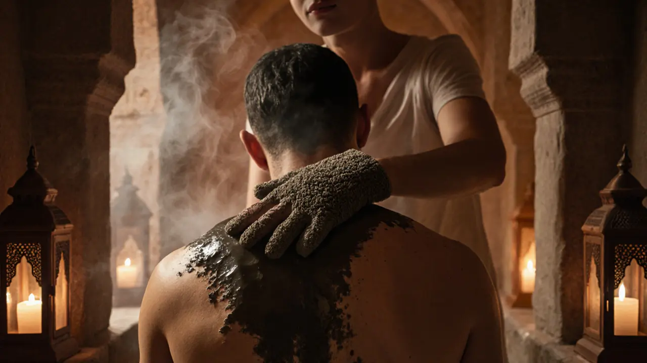 Therapist scrubbing skin with a kessa glove during a Moroccan bath ritual.