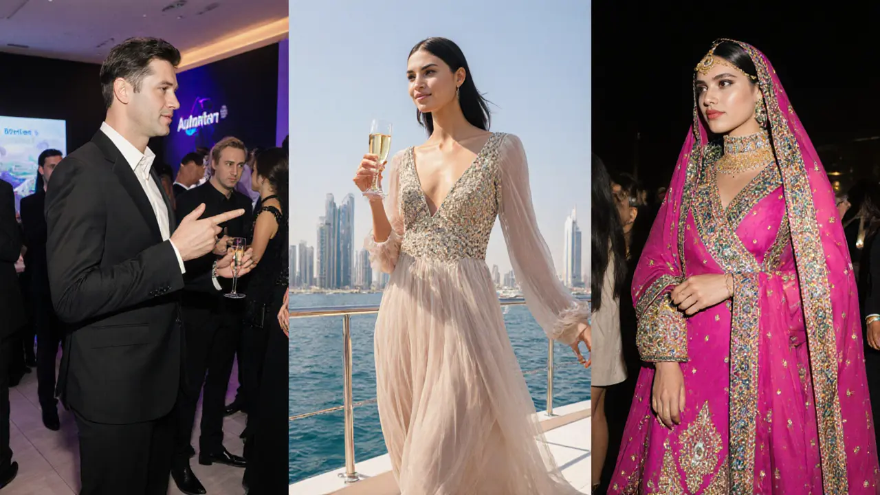 Three diverse Dubai models in different professional settings: tech expo, yacht party, and cultural activation.