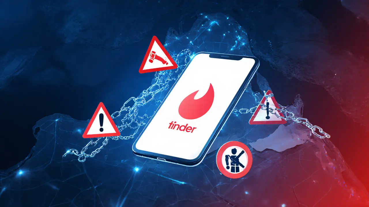 Tinder app surrounded by legal warnings and police silhouettes over a map of Dubai.