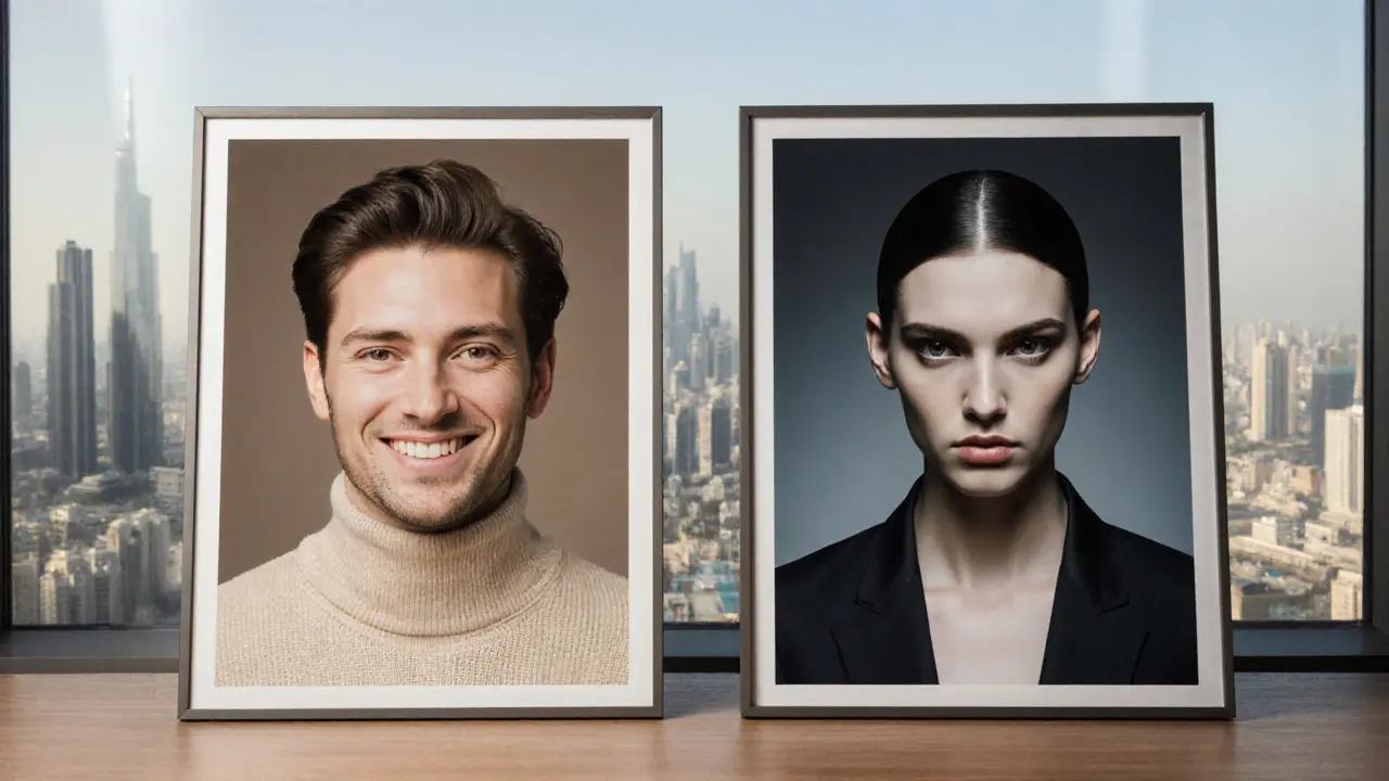 Two contrasting modeling headshots side by side: commercial and fashion styles, with Dubai skyline in background.