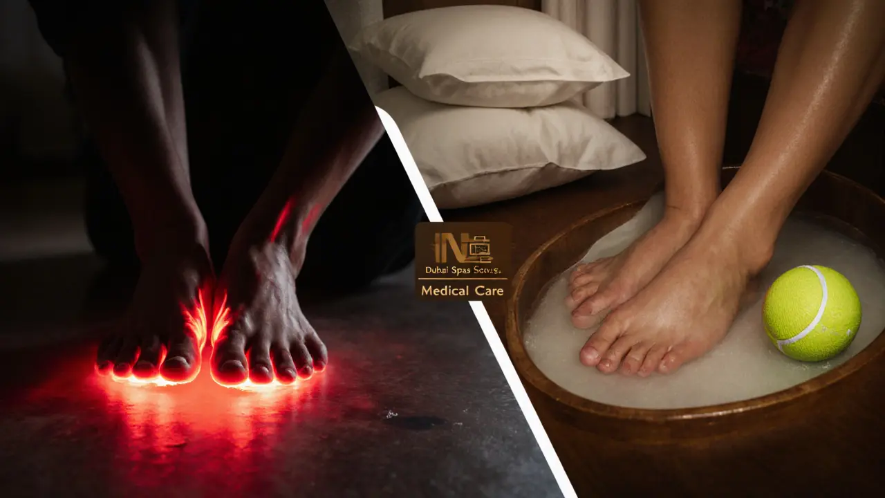 Two contrasting scenes: one showing risky foot massage, the other safe foot soak and leg elevation, symbolizing health choices.