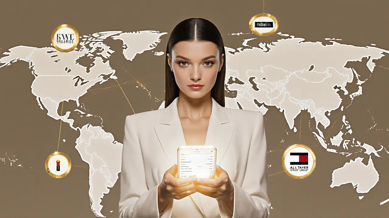 World map with golden connections to Dubai, Gigi Hadid holding a smartphone surrounded by luxury brand icons.